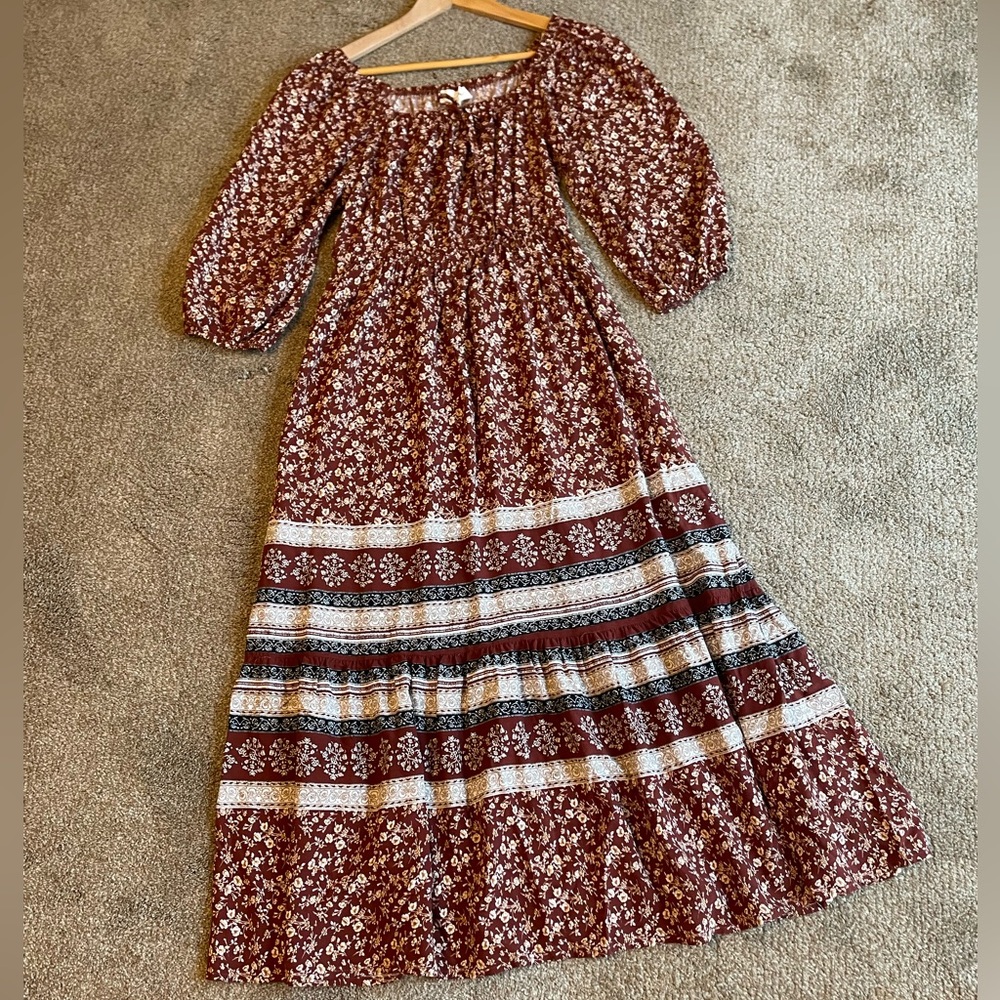 Heyson Brown Floral Bohemian Midi Dress Size S Elastic Waist Cottagecore